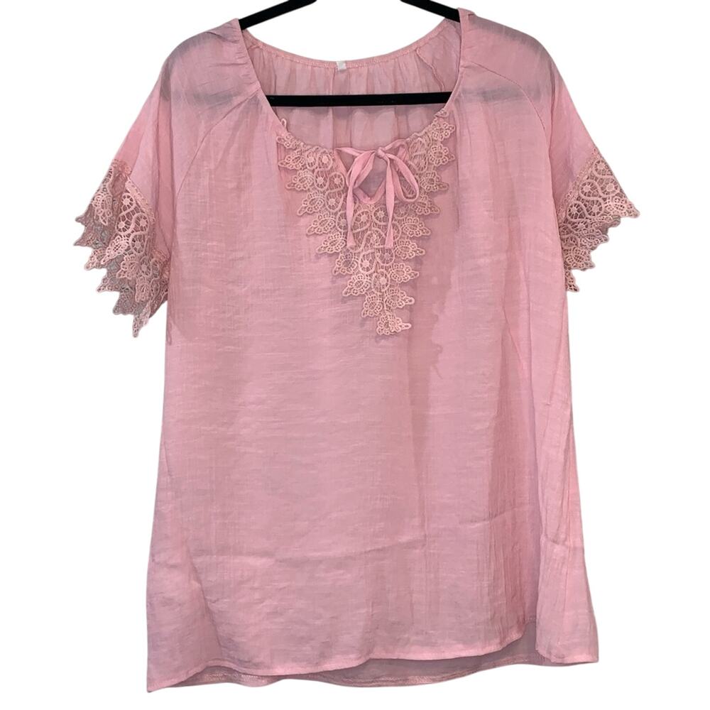 Womens Pink Lace Trim‎ Blouse XXL Boho Cottagecore Peasant Top Flowy Lightweight